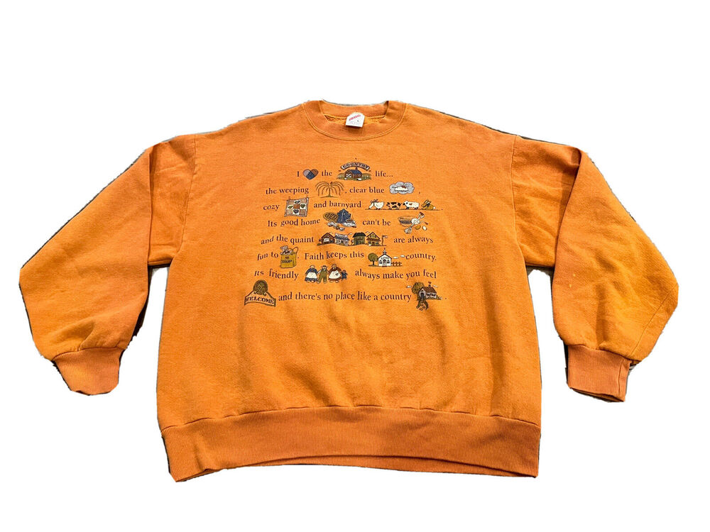 Vintage 90s Jerzees Mens Orange I Love The Country Life Sweatshirt Size L USA